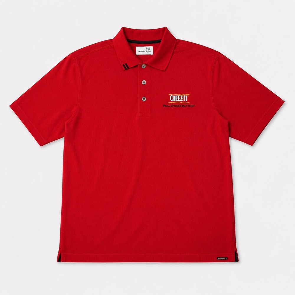 Ashworth Mens Medium Red Cheez-It Logo Golf Polo Shirt EZ-Tech Non Iron NWT